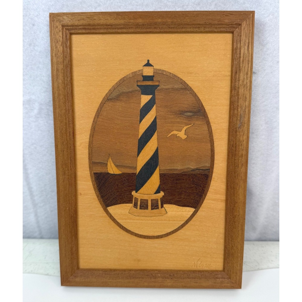 Hudson River Inlay Hatteras NC Lighthouse Wood Marquetry Art Mahogany Signed